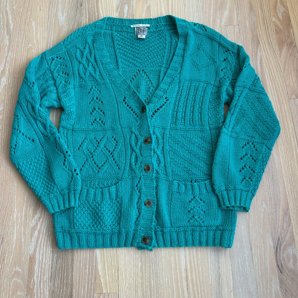 Vintage I.V.Y Chunky Patchwork Cable Knit Cardigan Patch Pockets Grannycore S